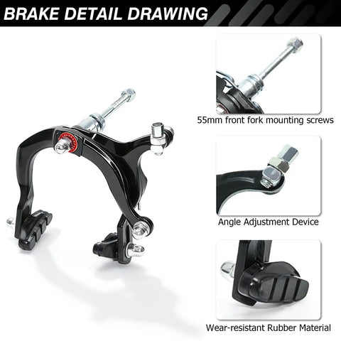 All In One Front And Rear C Caliper Brake Kit For Kids Bikes Compatible With Road Mountain And Hybrid Bikes Includes Levers Cables Brake Pads And All Mounting Hardware Easy Install Black showing front fork screws and rubber pads
