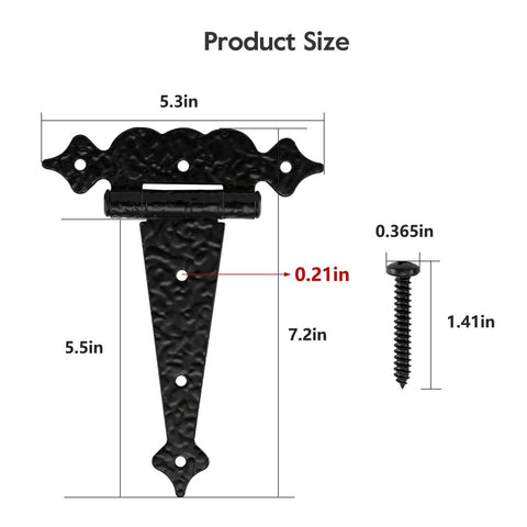 Dimensions of 6 Inch Decorative Hammered Steel Rust Resistant Heavy Duty T Hinges Outdoor Tee Hinges For Shed Fence Barn Doors 6 Pack.