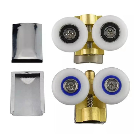 Hella Smooth Gliding V Grooved Door Roller Slick Nylon Pulley For Sliding Glass Doors close-up of dual nylon wheels and metal frame.