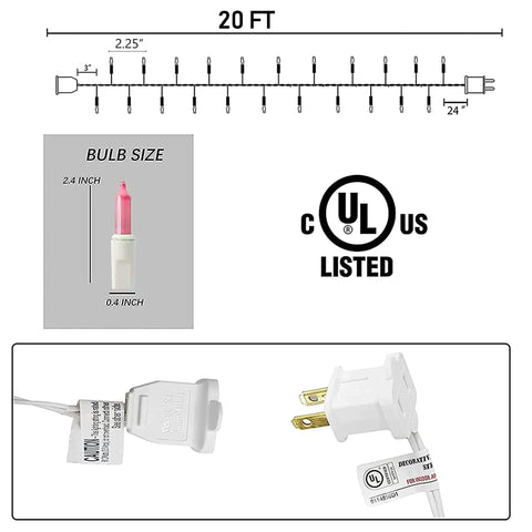 Dimensions and UL certification of Pastel Easter Mini String Lights 100 Count 20 Ft White Wire Incandescent Multicolor Bulbs