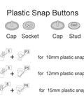 Plastic snap button sizing guide illustrating 10mm, 12mm, and 15mm components for Premium Pink Snap Button Kit With Heavy Duty Aluminum Pliers And Full Die Set Including Resin Metal Snaps Plus Eyelet Grommets For Effortless Jacket Repairs And Nifty DIY Apparel Projects.