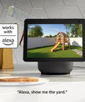 Tablet displaying backyard view captured by Outdoor Wireless Security Camera With Up To Two Year Battery Life, 1080p HD Live View.