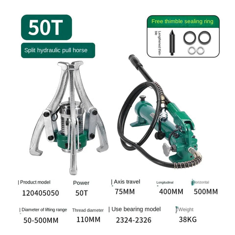 Split Hydraulic Puller With Three Jaw Universal Bearing And Pulley Remover, 50T capacity, showing parts and specifications.