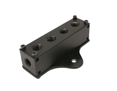 Top Shelf 6 Port Pneumatic Manifold With 1/4 Inch NPT Threads Including Mounting Bracket For Heavy Duty Air Systems Truck Trailer Camping Rig Build Black, side view.