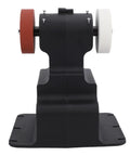Tackle Any DIY Task Without Cord Tangles Using This Mini Bench Grinder Built For 18V Batteries Featuring Dual Coarse Fine Brown Corundum Wheels For Rock Solid Metal Grinding And Sharpening, front view of grinder with red and white wheels.