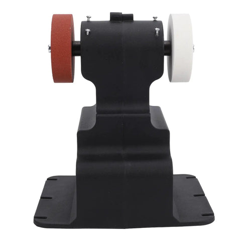 Pocket Sized Cordless Mini Bench Grinder With Killer Copper Motor For Sharpening Polishing And Diy Tasks. Front view showing brown and white corundum discs.