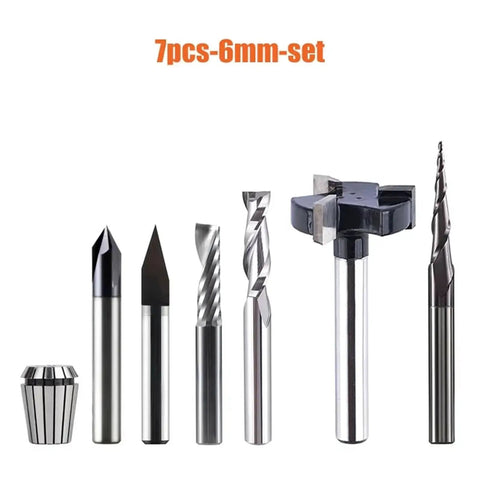 Straight Up Killer 7 Piece Solid Carbide Router Bit Kit With 6mm Shank End Mills And T Slot Cutters Built Tough For CNC Engraving Hardwood Projects And Steel Milling That Handles Heavy Work Without Breaking A Sweat.