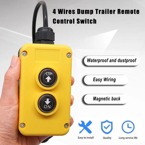 Yellow 4-wire dump trailer remote with UP and DN pushbuttons, 12V DC handheld controller for truck lift unloading