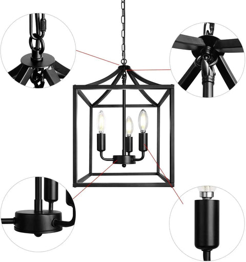 Detailed view of Dope Three Light Industrial Farmhouse Chandelier in Matte Black with Square Cage Pendant for Kitchen Island, Living Room, Foyer or Dining Area