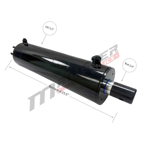 Heavy Duty Workhorse Double Acting Hydraulic Cylinder For Dump Trailers 5 Inch Bore 15.75 Inch Stroke 3500 Psi displaying 5.5 inch outer diameter and 23.5 inch retracted length.