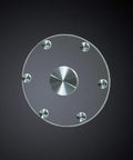 Thickened 12mm Tempered Glass Lazy Susan Turntable with silver metal base for stable rotation in kitchens and patios.