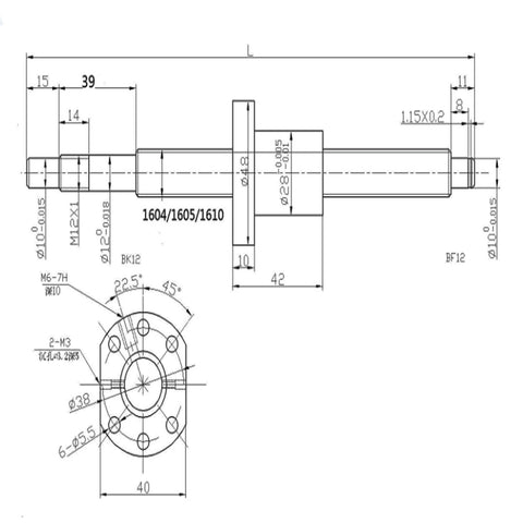 Technical diagram of CNCYEAH Ball Screw SFU1605 850mm Diameter 16mm, 5mm Pitch Ball Screw Kit with Bracket and Supports BK/BF12.