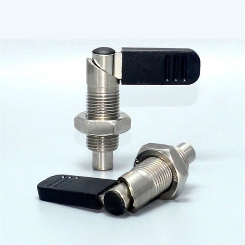 Built Tough Heavy Duty Lever Indexing Plunger With Spring Loaded Screw Knockout 180 Position Lock Fine Thread M16 Hardware close-up.