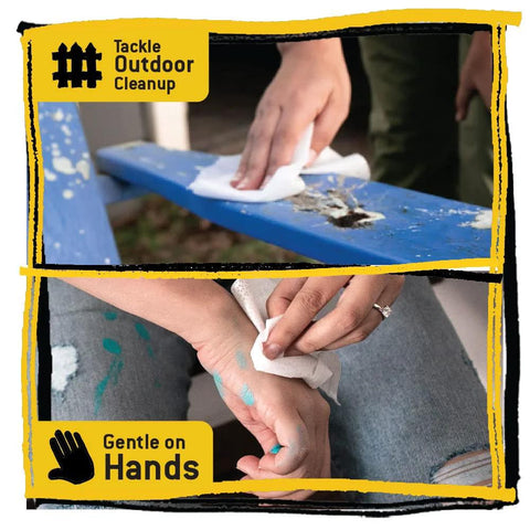 Tub O' Towels TW90 heavy-duty cleaning wipes, 10x12 inches, multi-surface; front collage view of surface and hands