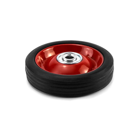 Top Shelf 5 By 1 Point 5 Inch Rubber Caster Wheels Two Pack With Ball Bearing Design for smooth rolling on carts, featuring red color and rubber tread.