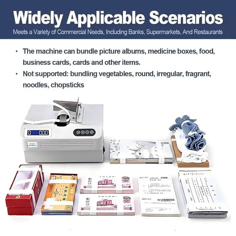 Speedy 2 Second Banknote Bundling Machine Automatic Money Packer Strap Tool with various bundled items.