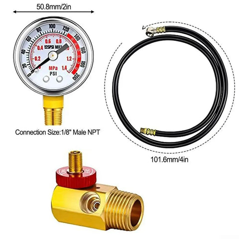 No Fuss Air Tank Repair Kit With Dead Accurate 0 To 200 Psi Pressure Gauge, smooth PVC hose and brass manifold for repair tasks.