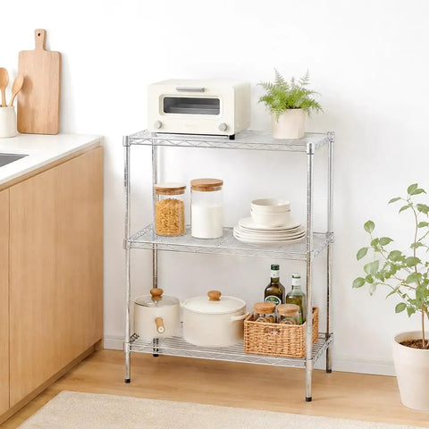 Heavy Duty Three Tier Wire Shelving Rack With Adjustable Chrome Metal Storage Shelves Featuring 750 Lb Capacity Built Like A Tank For Real Garage Workhorse Organization Needs displaying kitchen essentials.