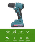 Heavy Duty Cordless Drill Set With Sleek Brushless Motor And Knockout 21V Power Delivers 30 Nm Torque Plus 20 Clutch Settings side view with dual battery.