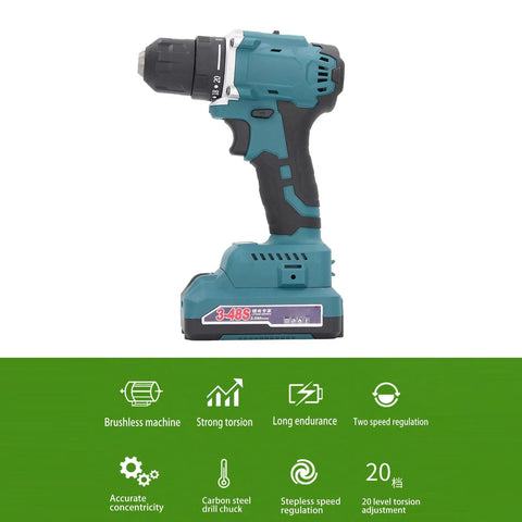 Heavy Duty Cordless Drill Set With Sleek Brushless Motor And Knockout 21V Power Delivers 30 Nm Torque Plus 20 Clutch Settings side view with dual battery.
