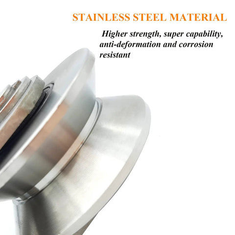 Close-up of V Groove Wheel Heavy Duty Stainless Steel Caster With Bracket For Sliding Gates Rolling Gates Inverted Track And Industrial Machines High Load Capacity And Corrosion Resistant Design.