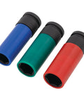 Road Ready Non Marring Wheel Lug Nut Socket Set With Scratch Free Inner Sleeves Three Piece Heat Treated Steel Driver Kit For 17Mm 19Mm 21Mm Sizes And Garage Essential Storage Case, featuring blue, green, and red sockets.