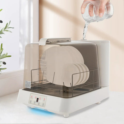 Compact Countertop Dishwasher With Auto Clean Cycles And 360 Rotating Spray, Tight Space Friendly Mini Machine For Apartments Dorms And Rvs, Spotless Dishes Without The Sink Cleanup Grind with plates and pouring water.