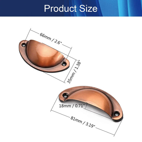 Killer Quality Heavy Duty Cup Pulls With Rich Red Copper Finishes On Matte Iron Bodies For Kitchen Cabinets And Dresser Drawers Hella Smooth Operation Rock Solid Mounting 3 Point 2 Inch Spread Five Pack showing size dimensions.