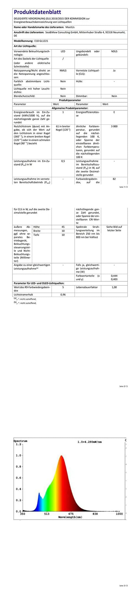 Produktdatenblatt E10 GL1221 mit technischen Spezifikationen zu LED und Farbtemperaturdiagramm.