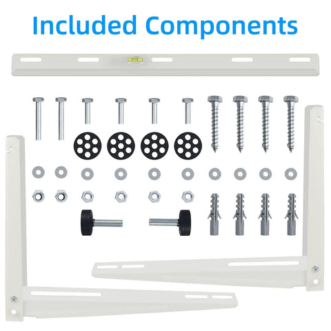 Top Shelf Heavy Duty Mini Split Wall Mount Bracket For Universal Ductless Air Conditioners Offering Rock Solid 265 Pound Support For Indoor Outdoor Setups Anywhere, showing included mounting components.