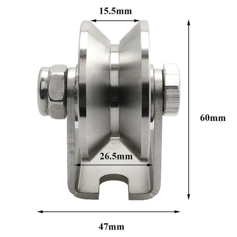 Built Tough Detachable V Groove Pulley Offering Dead Silent 304 Stainless Steel Roller Track Plus Rust Proof Heavy Duty Sliding Wheel Hardware, 60mm tall.