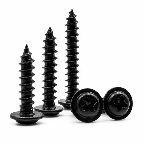 Fifty Piece Black Oxide Phillips Wafer Head Self Tapping Screws For Plastics And Electronics with coarse threads and wide heads