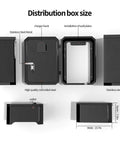 Dang Tough Wall Mount Cover For Electric Vehicle Chargers Built From Rigid Cold Rolled Steel With Rock Solid Locking System Completely Waterproof For Any Rough Outdoor Conditions In Glossy Black, showing dimensions and design features.