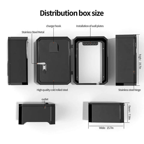 Dang Tough Wall Mount Cover For Electric Vehicle Chargers Built From Rigid Cold Rolled Steel With Rock Solid Locking System Completely Waterproof For Any Rough Outdoor Conditions In Glossy Black, showing dimensions and design features.