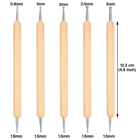 Set of 5 double-head dotting tools for 100 Sheets White Graphite Transfer Paper Set For DIY Crafters A4 Size with measurements shown.