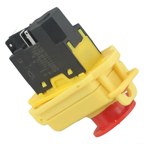 Rock Solid Five Pin Electromagnetic Pushbutton Switch 250V IP54 Waterproof with yellow casing and red button, designed for lathes.