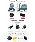 Top Rated Heavy Duty Warehouse Floor Sweeping Machine For Efficient Industrial Cleaning Operations And Facility Maintenance With Powerful Suction System And Easy Maneuverability For Dirty Surfaces showing product parameters and optional accessories.