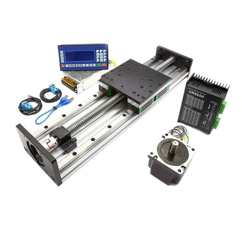 Nema34 Stepper Motor Powered Dual Rail Ball Screw Linear Actuator Slide Table with motor, controller, and accessories setup.