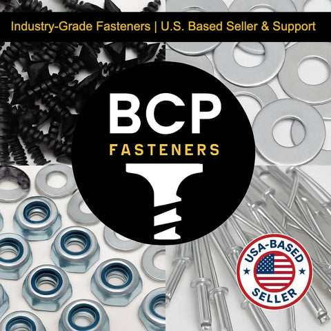 Collage of industrial-grade fasteners including screws, washers, nuts, rivets; BCP Fasteners logo; USA-based seller badge.