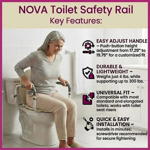 Built Tough Aluminum Toilet Safety Handle With Padded Adjustable Armrests For Seniors And Mobility Ease No Fuss Setup Stand Assist Rail in use.