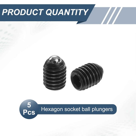 Rock Solid 5 Pack M5 Spring Loaded Ball Plungers With Hex Socket Design And Premium High Carbon Steel Build Badass Reliability For Pneumatic Tools And Machine Mods Featuring Reliable 6mm Travel And Hassle Free Install, showing black hex socket ball plungers.