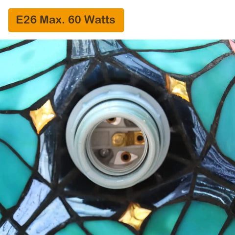 Close-up of socket on Sea Green Tiffany Pendant Light With Stained Glass, 8 Inch Wide Victorian Style Hanging Lamp for dining room