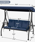Three Seat Outdoor Porch Swing Glider With Adjustable Canopy Convertible Patio Bed Upgraded Folding Cup Holders Thick Cushions Cozy Up In The Backyard Garden Poolside Blue with dimensions labeled.