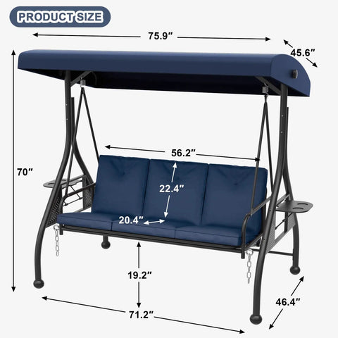 Three Seat Outdoor Porch Swing Glider With Adjustable Canopy Convertible Patio Bed Upgraded Folding Cup Holders Thick Cushions Cozy Up In The Backyard Garden Poolside Blue with dimensions labeled.