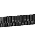 Half Inch Drive Shallow And Deep Impact Socket Set 7/16 To 1-1/4 Inch SAE 28 Piece Tough As Nails Chrome Molybdenum Steel displayed