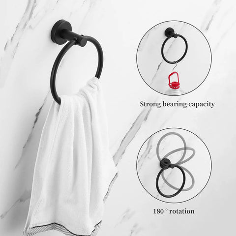 Matte Black 10 Piece Bathroom Hardware Set Includes Two 24 Inch Towel Bars A Towel Ring A Toilet Paper Holder And Four Robe Hooks Rustproof metal bath accessories featuring a towel ring with 180° rotation and strong bearing capacity.