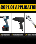 Image displays electric wrench, pneumatic wrench, and manual wrench, illustrating the scope of application.