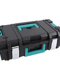 Heavy Duty Stackable Toolbox With Metal Clip And Easy Grip Top Handle For Modular Workshop Rig, black and teal design.