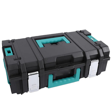 Heavy Duty Stackable Toolbox With Metal Clip And Easy Grip Top Handle For Modular Workshop Rig, black and teal design.