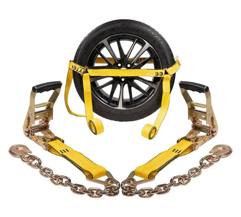 4 Pack 2x10 Inch Heavy Duty Wheel Tie Down Straps With Double Ratchets And Chain Anchors 3300 Lbs Working Load Limit securing a tire.
